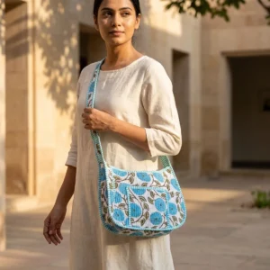 Turquoise Blue Floral Quilted Cotton Shoulder Handbag showing the compact hobo tote baguette design with the handcrafted botanical print pattern and shoulder strap.