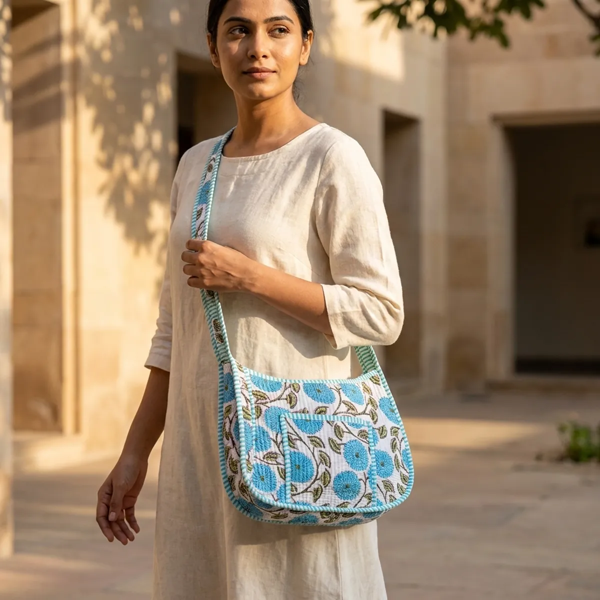Turquoise Blue Floral Quilted Cotton Shoulder Handbag showing the compact hobo tote baguette design with the handcrafted botanical print pattern and shoulder strap.