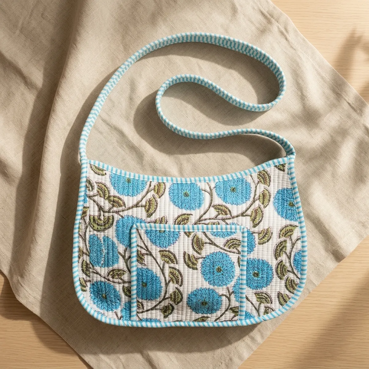 Turquoise Blue Floral Quilted Cotton Shoulder Handbag showing the compact hobo tote baguette design with the handcrafted botanical print pattern and shoulder strap.