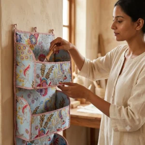 Handmade quilted cotton hanging wall organizer with blue floral print and five tiered storage pockets