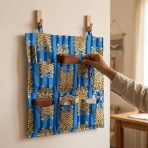 Blue Tiger Cotton Wall Hanging Organizer with 6 handcrafted quilted storage pockets made from premium cotton fabric