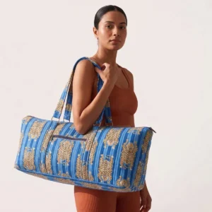 Blue Tiger Quilted Cotton Duffle Bag, Handcrafted Striped Animal Large Shoulder Travel Carrier