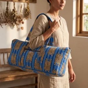 Blue Tiger Quilted Cotton Duffle Bag, Handcrafted Striped Animal Large Shoulder Travel Carrier
