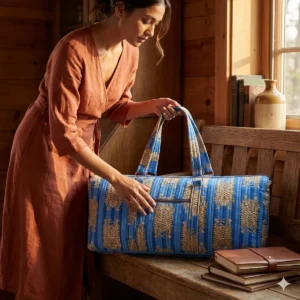 Blue Tiger Quilted Cotton Duffle Bag, Handcrafted Striped Animal Large Shoulder Travel Carrier
