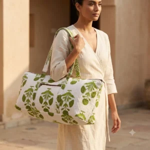 Blue Marigold Quilted Cotton Yoga Mat Bag showing the cylindrical shoulder carrier design with the handcrafted marigold floral block print pattern and spacious zip opening.
