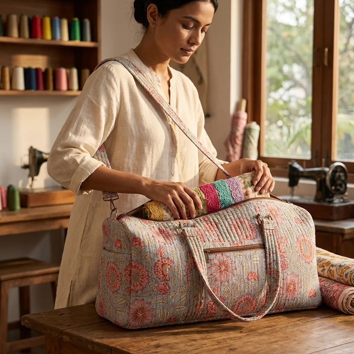Grey Floral Cotton Yoga Bag