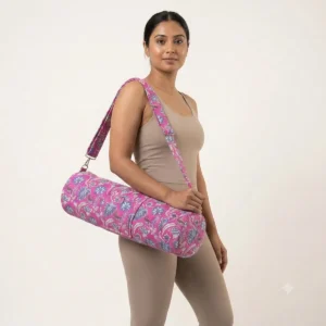Magenta Pink Quilted Cotton Yoga Mat Bag Handmade Floral Shoulder Sling Carrier for Standard Yoga Mats