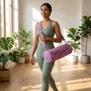 Magenta Pink Quilted Cotton Yoga Mat Bag Handmade Floral Shoulder Sling Carrier for Standard Yoga Mats