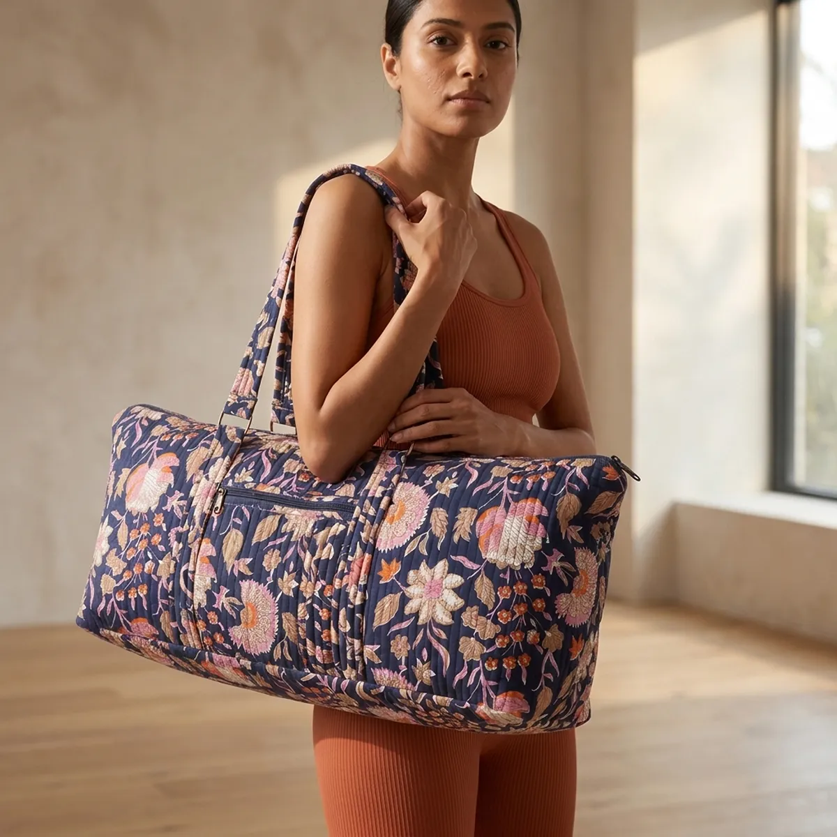 Navy Floral Quilted Cotton Yoga Mat Bag