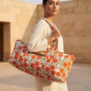 Orange Marigold Quilted Cotton Yoga Mat Bag Handmade Floral Shoulder Tote Carrier
