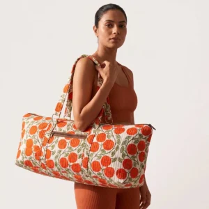 Orange Marigold Quilted Cotton Yoga Mat Bag Handmade Floral Shoulder Tote Carrier