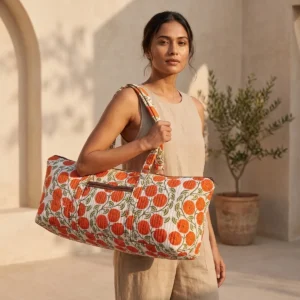 Orange Marigold Quilted Cotton Yoga Mat Bag Handmade Floral Shoulder Tote Carrier