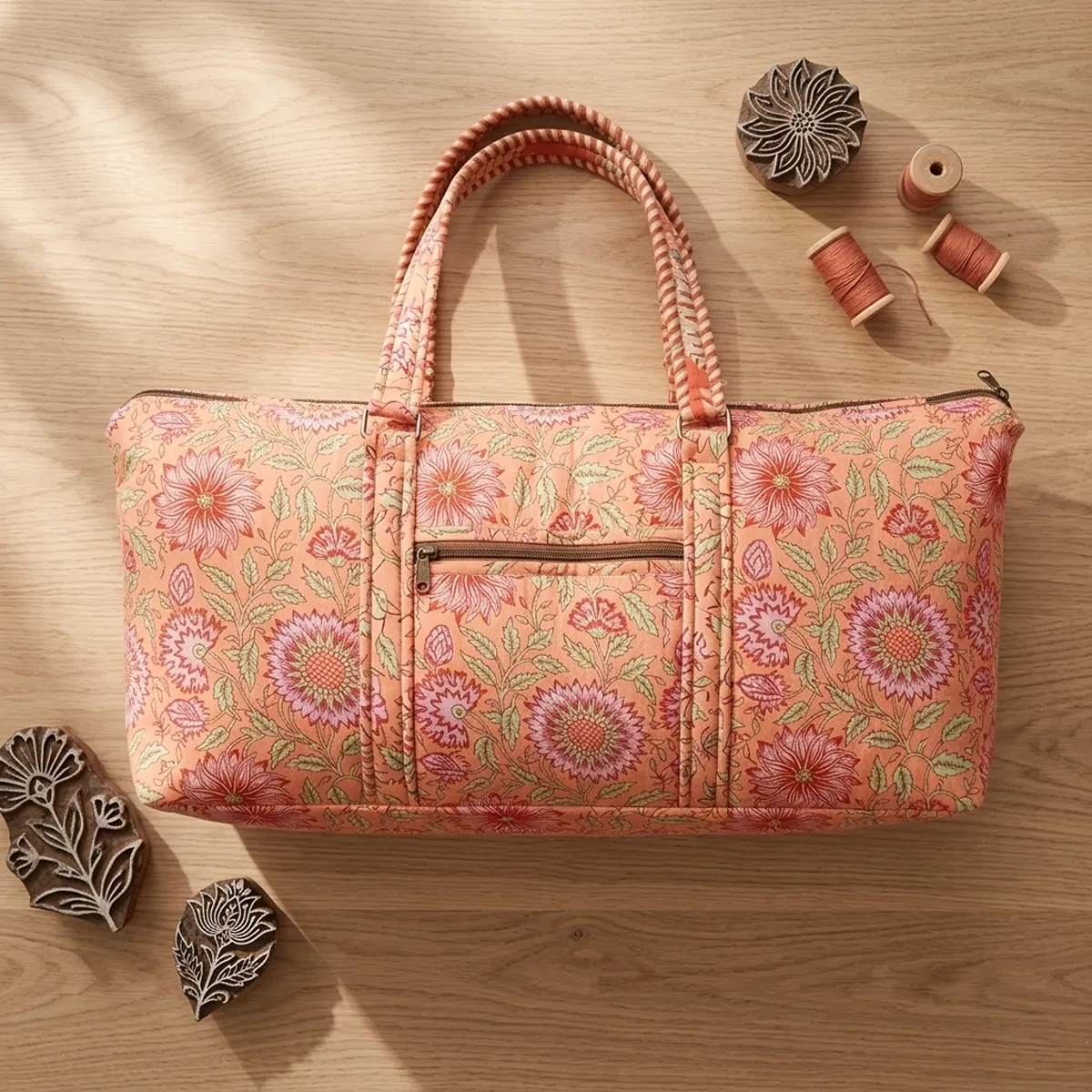 Peach Floral Cotton Yoga Bag