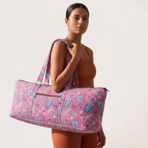 Pink Blue Quilted Cotton Duffle Bag Handmade Floral Large Travel Shoulder Tote