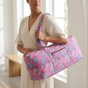 Pink Blue Quilted Cotton Duffle Bag Handmade Floral Large Travel Shoulder Tote