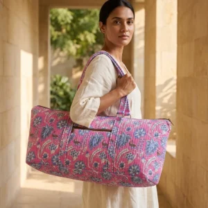 Pink Blue Quilted Cotton Duffle Bag Handmade Floral Large Travel Shoulder Tote