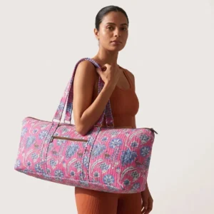 Pink Blue Quilted Cotton Duffle Bag Handmade Floral Large Travel Shoulder Tote