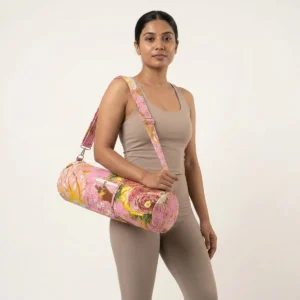 Handmade Pink Botanical Quilted Cotton Yoga Mat Bag with floral print, sling shoulder strap, handcrafted in Jaipur, India