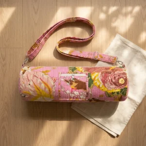 Handmade Pink Botanical Quilted Cotton Yoga Mat Bag with floral print, sling shoulder strap, handcrafted in Jaipur, India