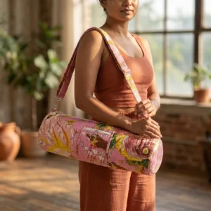 Handmade Pink Botanical Quilted Cotton Yoga Mat Bag with floral print, sling shoulder strap, handcrafted in Jaipur, India