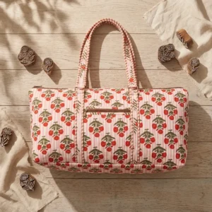 Blue Floral Quilted Cotton Duffle Bag handcrafted travel tote with large shoulder handles made from premium quilted cotton