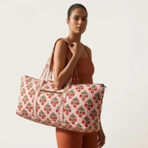 Blue Floral Quilted Cotton Duffle Bag handcrafted travel tote with large shoulder handles made from premium quilted cotton