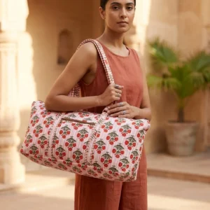 Blue Floral Quilted Cotton Duffle Bag handcrafted travel tote with large shoulder handles made from premium quilted cotton