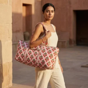 Blue Floral Quilted Cotton Duffle Bag handcrafted travel tote with large shoulder handles made from premium quilted cotton