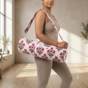 White Peony Quilted Cotton Yoga Mat Bag handmade floral cotton sling carrier for standard yoga mat