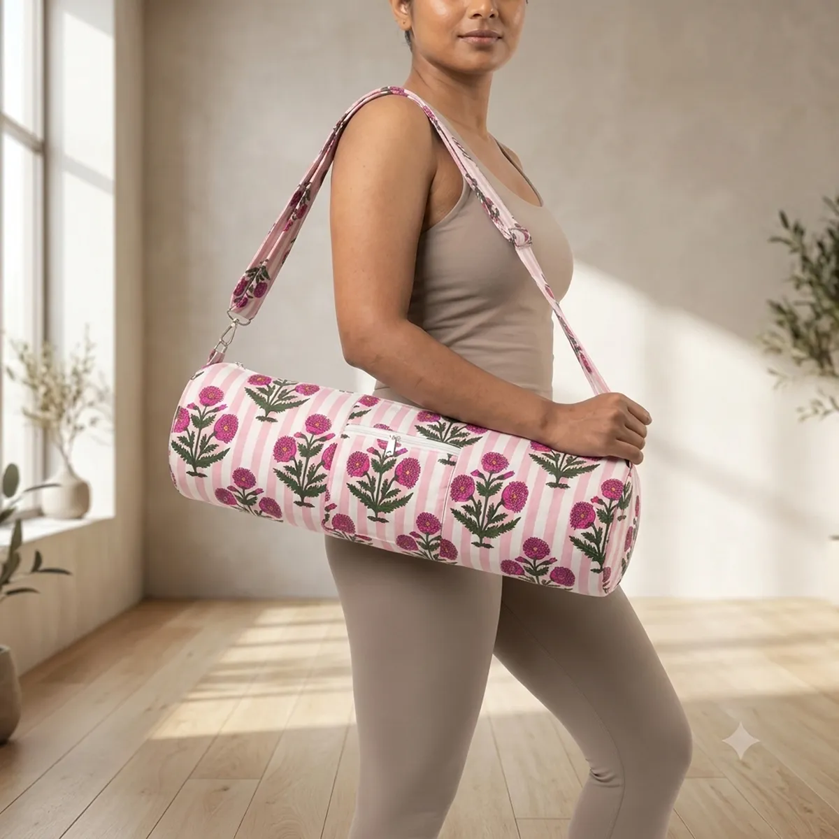 White Peony Quilted Cotton Yoga Mat Bag handmade floral cotton sling carrier for standard yoga mat