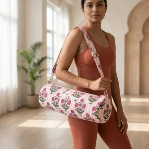 White Peony Quilted Cotton Yoga Mat Bag handmade floral cotton sling carrier for standard yoga mat