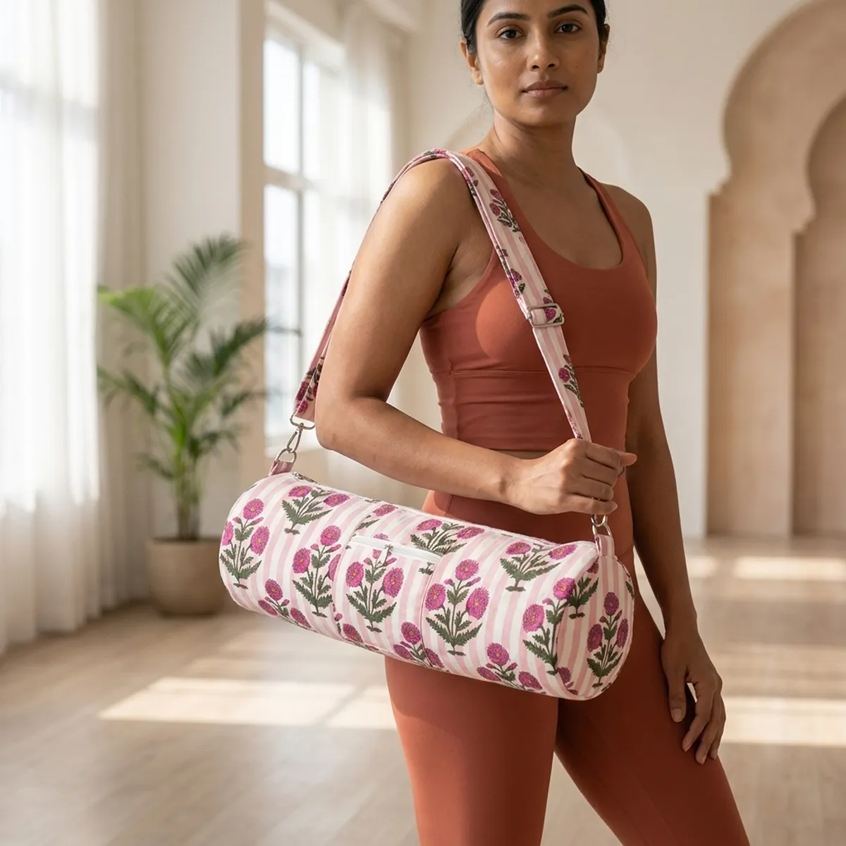 White Peony Quilted Cotton Yoga Mat Bag handmade floral cotton sling carrier for standard yoga mat