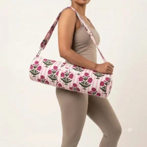 White Peony Quilted Cotton Yoga Mat Bag handmade floral cotton sling carrier for standard yoga mat