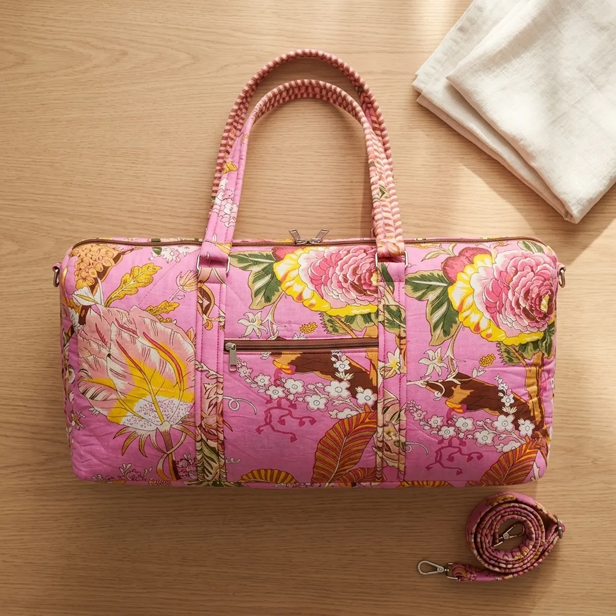 Pink Floral Cotton Yoga Bag
