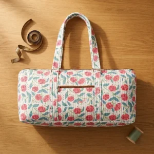 Handcrafted White Floral Quilted Cotton Yoga Mat Bag with Spacious Duffle Style Carrier Made in Jaipur