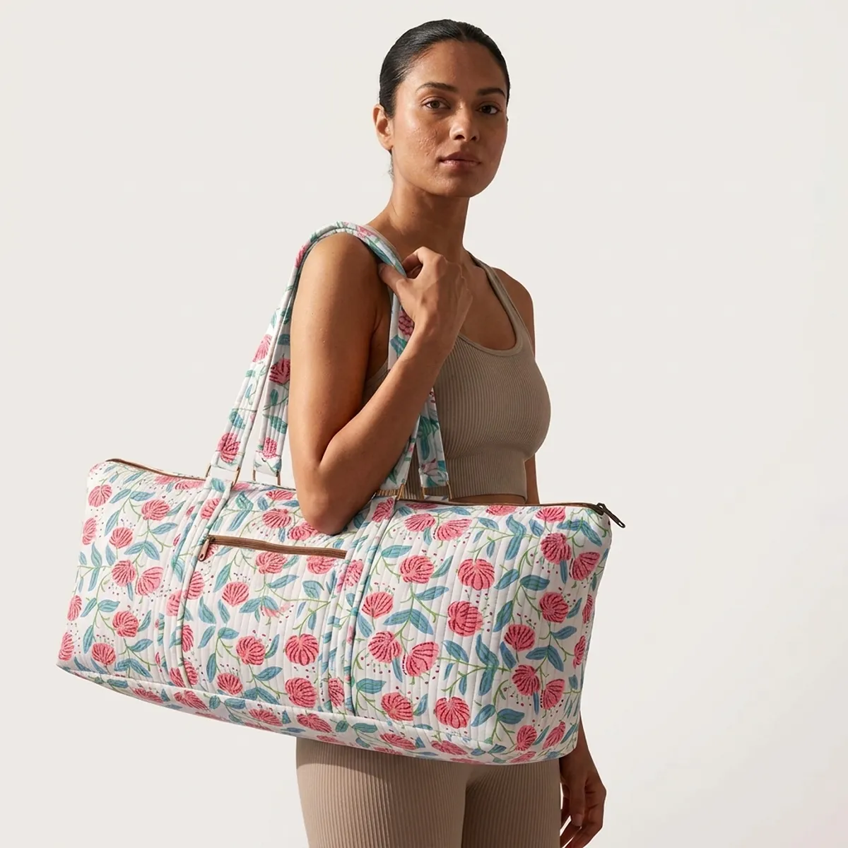 Handcrafted White Floral Quilted Cotton Yoga Mat Bag with Spacious Duffle Style Carrier Made in Jaipur