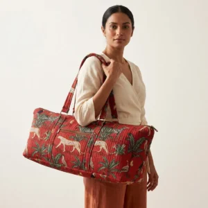Red Jungle Quilted Cotton Duffle Bag handmade travel tote with jungle print, large quilted shoulder bag crafted by Jaipur artisans
