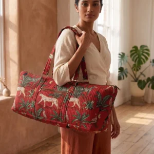 Red Jungle Quilted Cotton Duffle Bag handmade travel tote with jungle print, large quilted shoulder bag crafted by Jaipur artisans