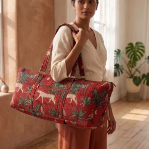 Red Jungle Quilted Cotton Duffle Bag handmade travel tote with jungle print, large quilted shoulder bag crafted by Jaipur artisans