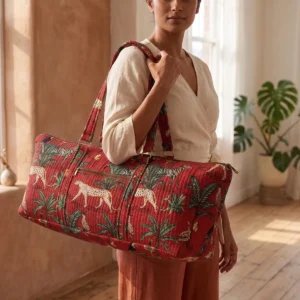 Red Jungle Quilted Cotton Duffle Bag handmade travel tote with jungle print, large quilted shoulder bag crafted by Jaipur artisans