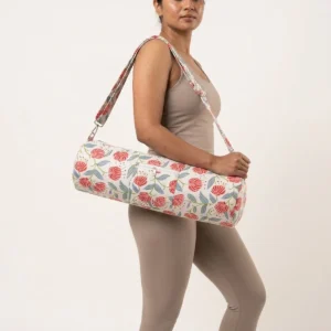 White Peony Quilted Cotton Yoga Mat Bag Handmade Floral Cotton Sling Carrier for Standard Yoga Mats