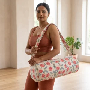 White Peony Quilted Cotton Yoga Mat Bag Handmade Floral Cotton Sling Carrier for Standard Yoga Mats