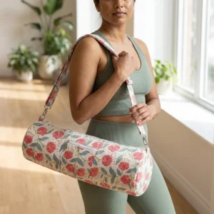White Peony Quilted Cotton Yoga Mat Bag Handmade Floral Cotton Sling Carrier for Standard Yoga Mats