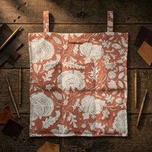 Rust Orange Cotton Wall Hanging Organizer featuring six quilted floral storage pockets handcrafted from premium cotton fabric