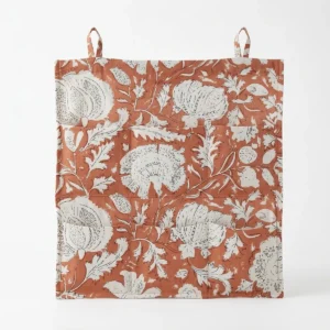 Rust Orange Cotton Wall Hanging Organizer featuring six quilted floral storage pockets handcrafted from premium cotton fabric