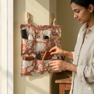 Rust Orange Cotton Wall Hanging Organizer featuring six quilted floral storage pockets handcrafted from premium cotton fabric