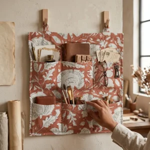 Rust Orange Cotton Wall Hanging Organizer featuring six quilted floral storage pockets handcrafted from premium cotton fabric