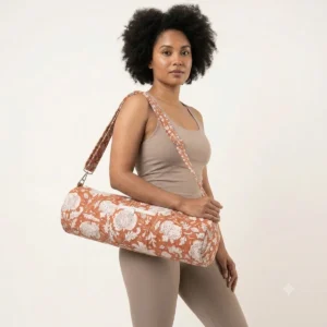 Rust Orange Quilted Cotton Yoga Mat Bag Handmade Jaipur Floral Shoulder Sling Carrier for Standard Yoga Mats