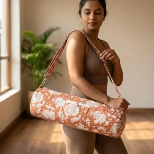 Rust Orange Quilted Cotton Yoga Mat Bag Handmade Jaipur Floral Shoulder Sling Carrier for Standard Yoga Mats