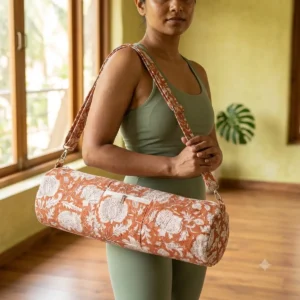 Rust Orange Quilted Cotton Yoga Mat Bag Handmade Jaipur Floral Shoulder Sling Carrier for Standard Yoga Mats